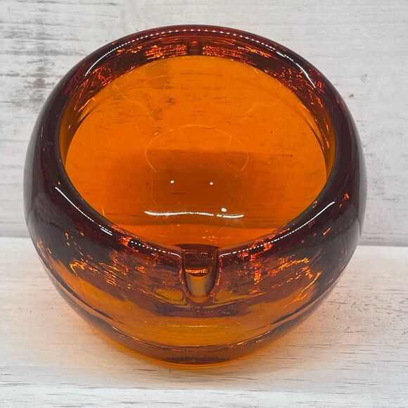 Vintage Amber Persimmon Orb Shaped Viking Glass Ashtray Mid-Century Modern MCM - Picture 2 of 8